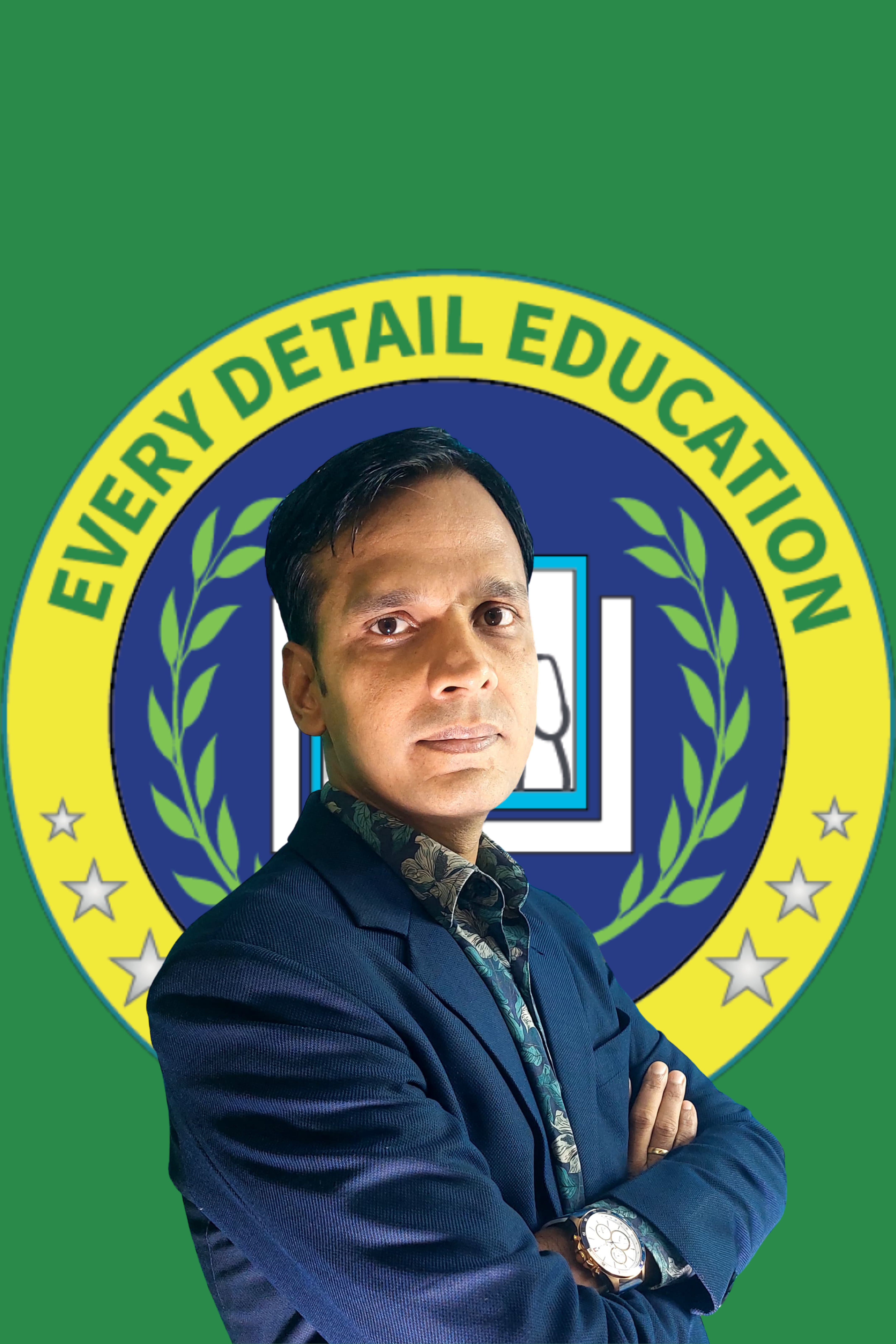 Man in a suit with 'Every Detail Education' logo, symbolizing expert guidance